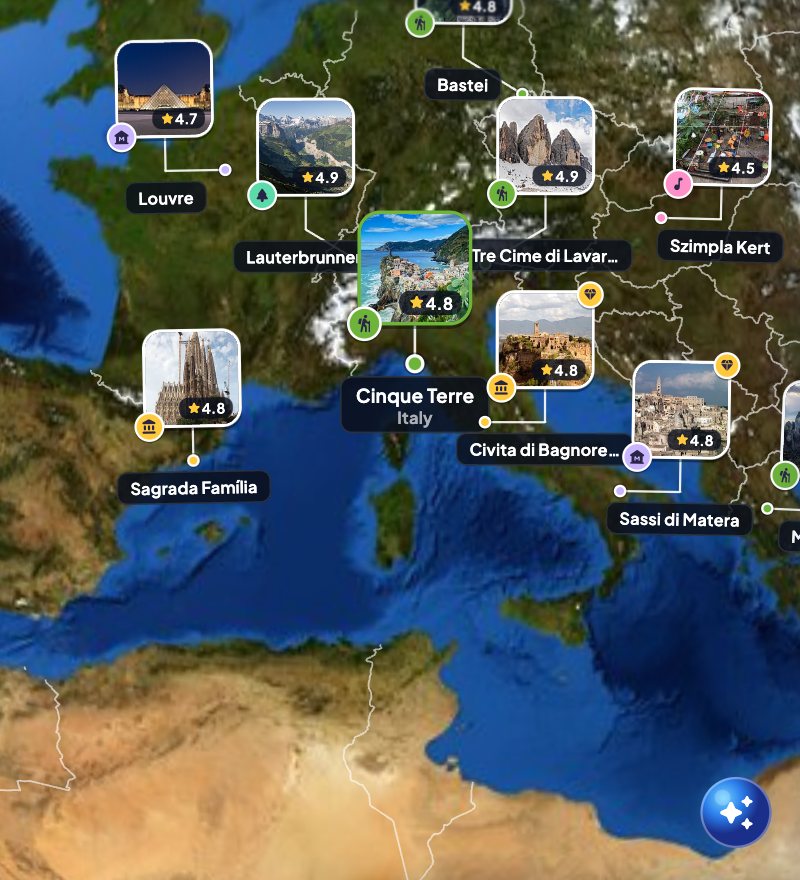 Photo pins with ratings across Europe on the globe