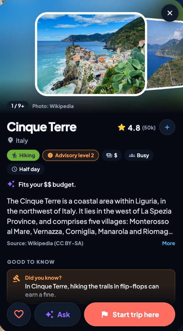 The Cinque Terre card: 4.8 rating, Hiking, Advisory level 2, $, Busy, Half day, fits your budget