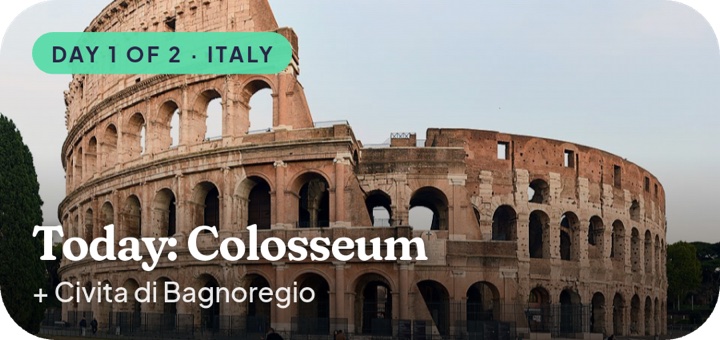 The next-trip widget showing today's stop, the Colosseum